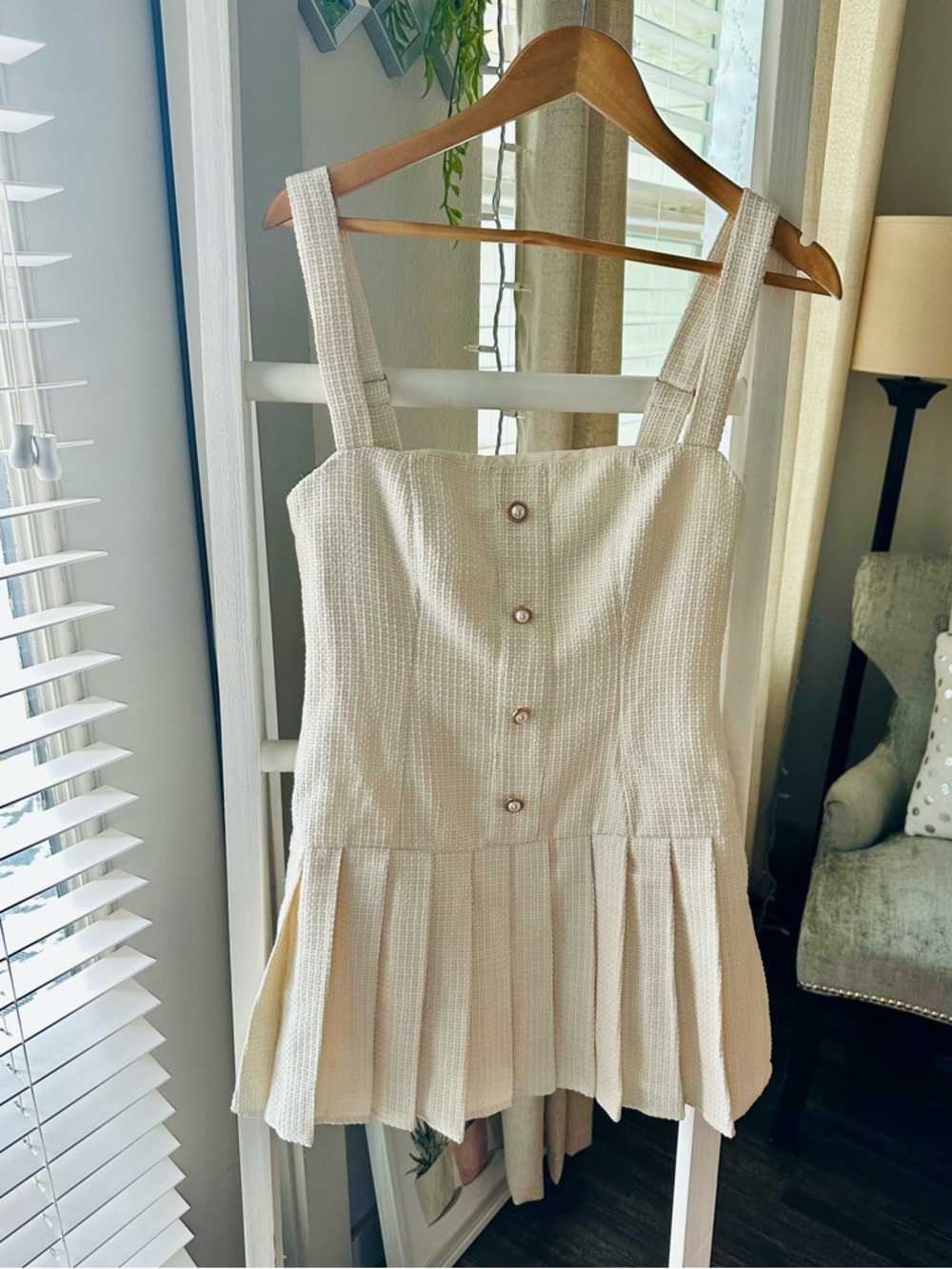 Showpo Cream Button-Front Pleated Mini Dress - Picture 4 of 8